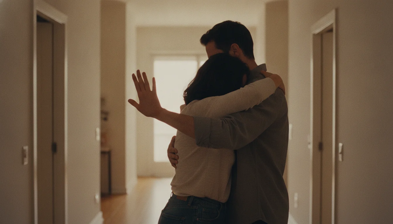 A woman embracing a man in a sunlit apartment hallway, one arm wrapped around him while her other hand is raised open beside his shoulder as if to stop him.